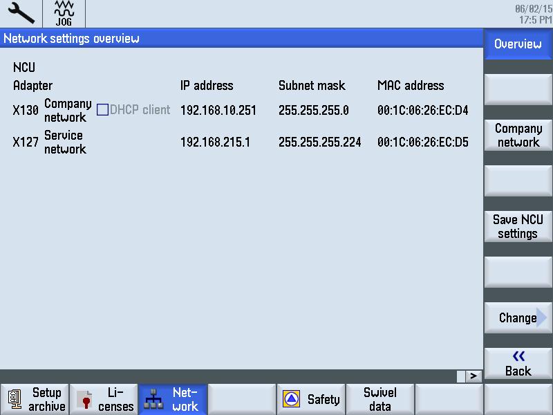 Network In the commissioning menu under "Network", precisely the same network settings can be made as under TCP/IP diagnostics.