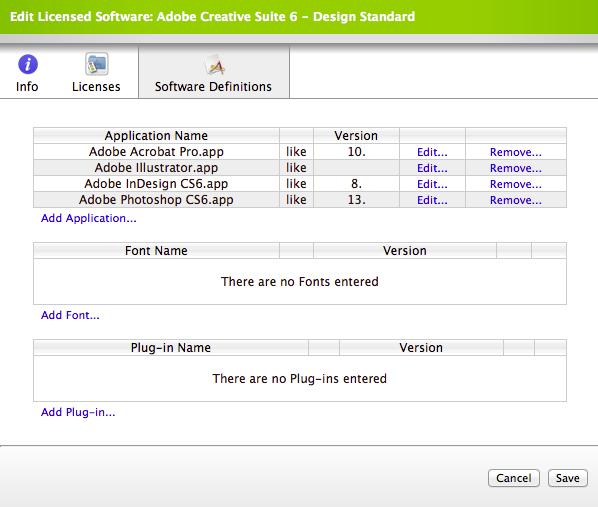12. Click the Software Definitions tab and verify that all products in your licensed version of Adobe CS6 are listed. 13. Click the Save button.