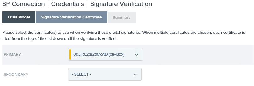 On the Signature Verification Certificate screen, select the Box certificate as the Primary certificate and click Next.