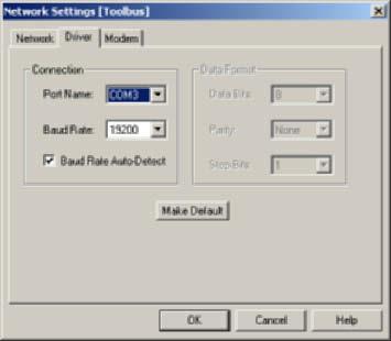2-2 Connecting Online to the Relay PLC 2-2-2 Procedures Toolbus Click the Driver Tab and set the following settings as required. Note Port Name: Select the computer s COM port from the drop-down list.