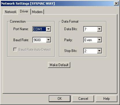 2-2 Connecting Online to the Relay PLC 2-2-2 Procedures SYSMAC WAY Click the Driver Tab and set the following settings as