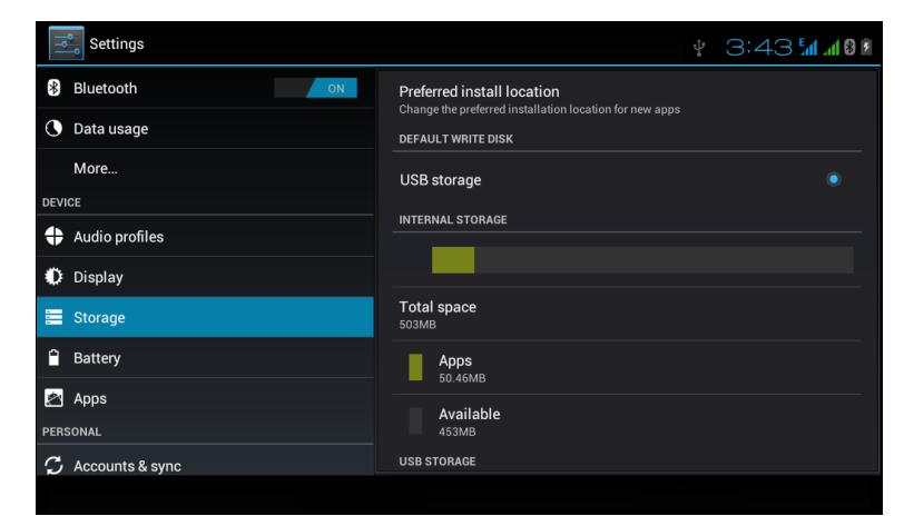 Check SD card and TABLET storage space. 1. Enter into setting application. 2. Click storage, check storage space. 3.