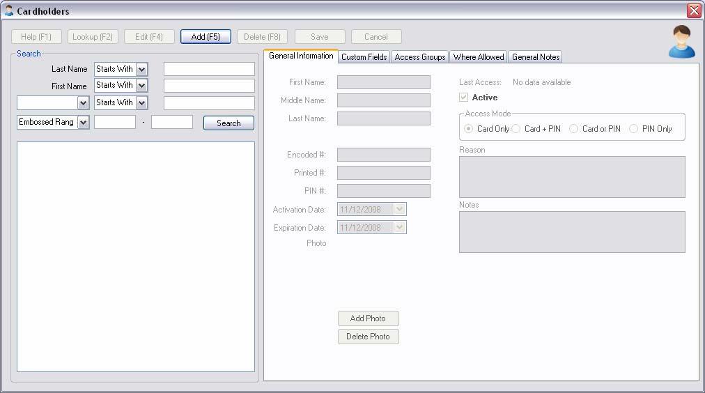 Chapter 12 CARDHOLDERS Cardholder Data includes First Name, Last Name, MI (Middle Initial), Photo and Custom Fields.