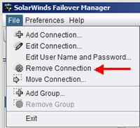 Administrator's Guide - SolarWinds Failover Engine Figure 29: Remove Connection - Tool bar Button A confirmation message appears. 2. Click Yes to remove the selected Connection or No to cancel removal and close the message window.
