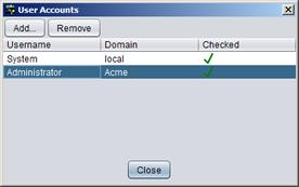 Administrator's Guide - SolarWinds Failover Engine Figure 63: User Accounts The User Accounts dialog contains a list of all currently configured user accounts, including Username, Domain, and Checked