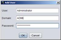 Type the name of the User, the associated Domain, and a Password into the corresponding text boxes. 3. Click OK to add the new user, or click Cancel to close the dialog without adding the user.