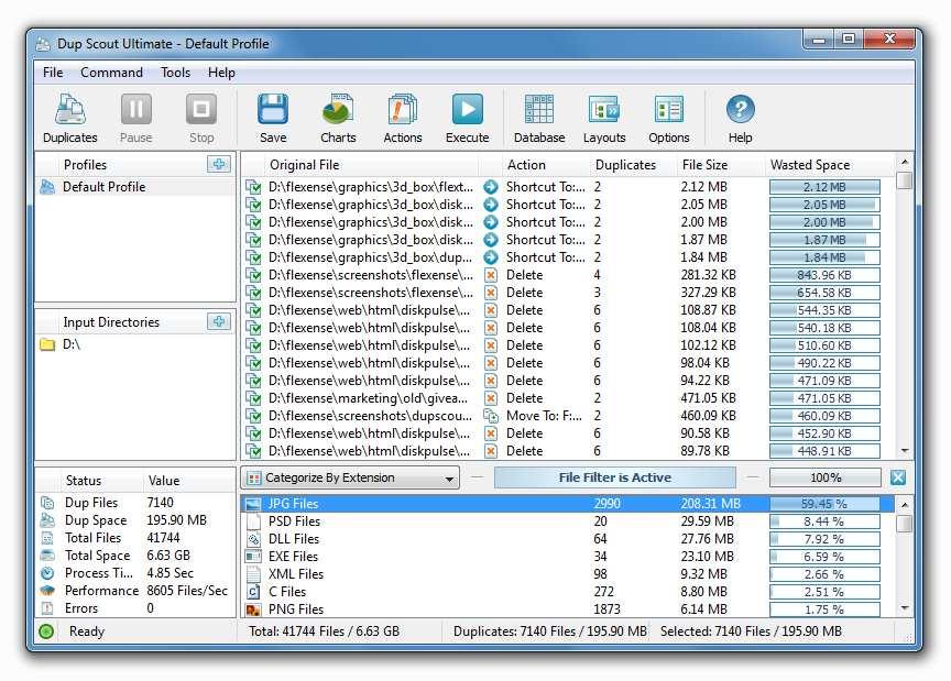 After finishing scanning the specified disks or directories, DupScout performs automatic file categorization and fills the list of detected file categories, which is located just under the list of