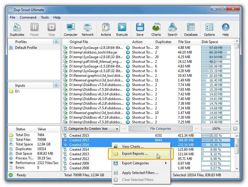 3.10 Batch Duplicate Files Search Reports DupScout allows one to save batches of duplicate files search reports according to the currently selected categories of files with each report showing