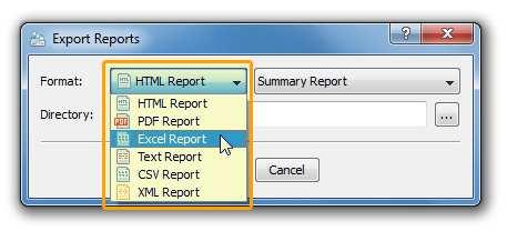 The batch reports dialog provides the ability to export reports to a number of standard report formats including: HTML, PDF, Excel, text, CSV and XML.