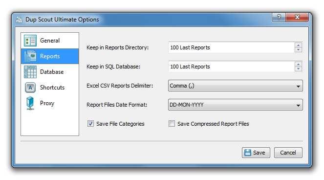 3.12 Automatic Report Management DupScout allows one to keep a user-specified number of reports in the reports directory or the reports SQL database while automatically deleting old reports and
