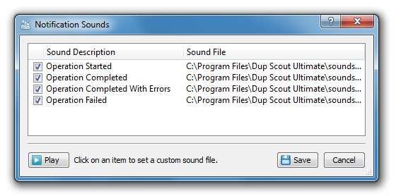 3.23 Sound Notifications DupScout provides the ability to play notification sounds when a duplicate files search operation is started, completed or failed.