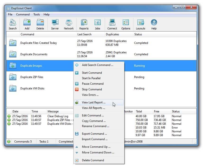 4.3 Using DupScout Server Client GUI Application DupScout Server provides a full-scale client GUI application, which can control one or more DupScout Servers locally or via the network.