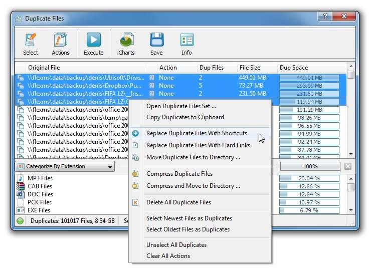 Once the search operation will be completed, the client GUI application will open a duplicate files results dialog showing the list of detected duplicate file sets sorted by the amount of duplicate