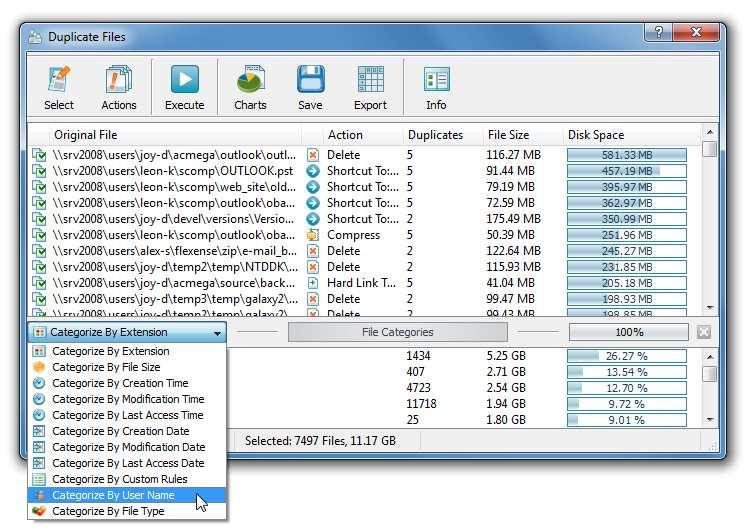 4.4 Categorizing Duplicate Files Search Results DupScout Server provides the ability to categorize duplicate files by the file extension, file type, size, user name, last assess time, last