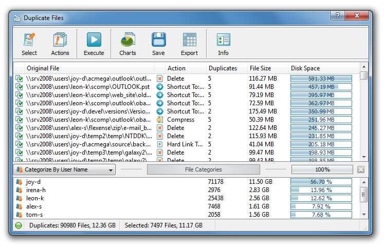 After finishing scanning the specified disks or directories, DupScout performs automatic file categorization and fills the list of detected file categories, which is located under the list of the