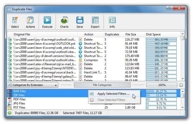 4.5 Filtering Duplicate Files Search Results One of the most powerful capabilities of the DupScout duplicate files finder is the ability to filter duplicate files by the file extension, type, user