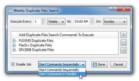 On the periodic job dialog, specify the time interval and add one or more duplicate files search commands to execute.