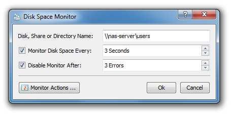 For each monitored disk, the disk space monitor allows one to control the disk space monitoring frequency, the maximum number of monitoring errors and disk space monitoring actions and/or E-Mail