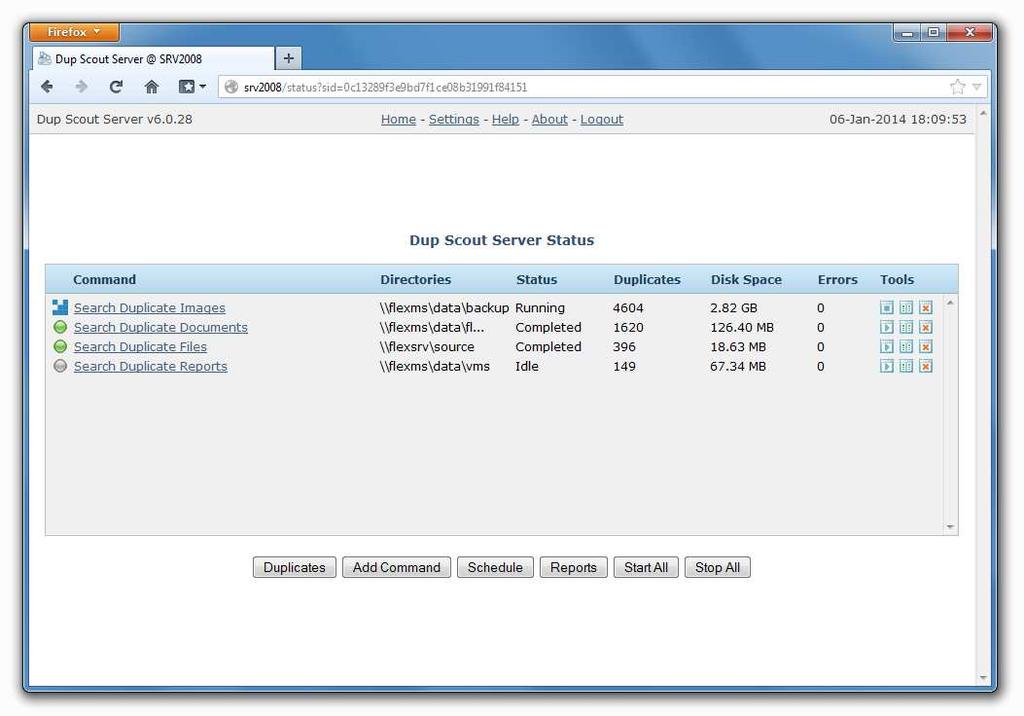 The web-based management interface allows one to search duplicate files, save various types of reports, remove duplicate files, perform history trend analysis operations and schedule periodic
