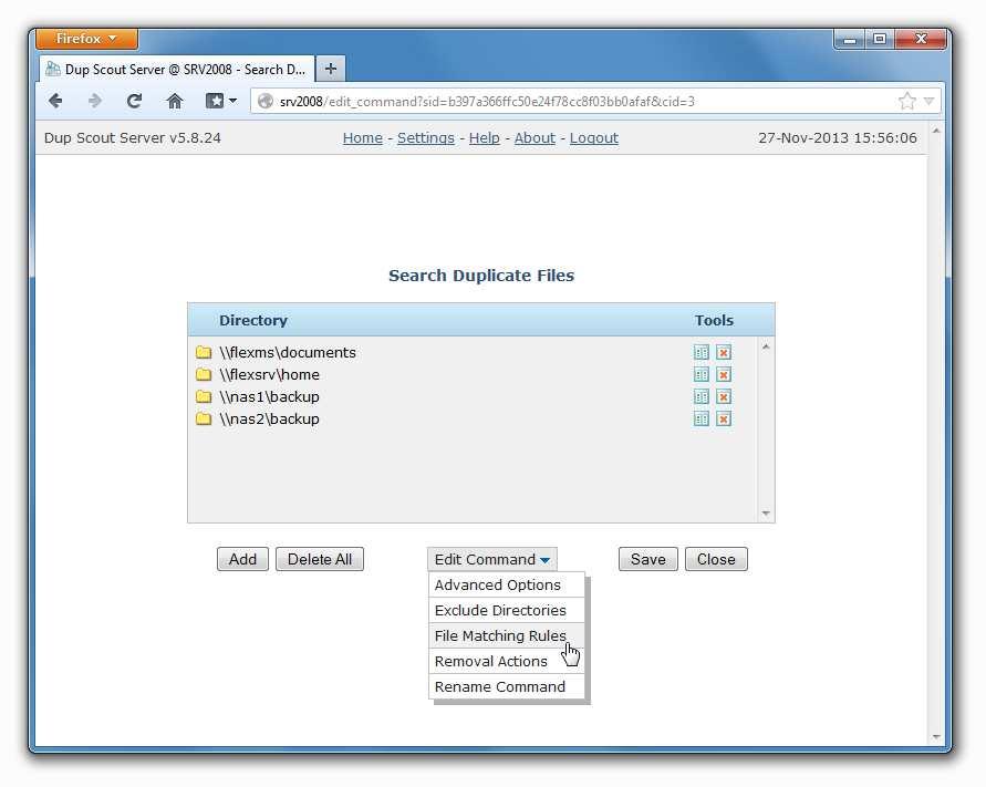 4.16 Managing Duplicate Files Search Commands DupScout Server allows one to configure multiple duplicate files search and cleanup commands with each one capable of processing a number of disks,