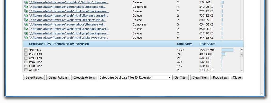 The results page shows the list of detected duplicate files sets sorted by the amount of duplicate disk space.
