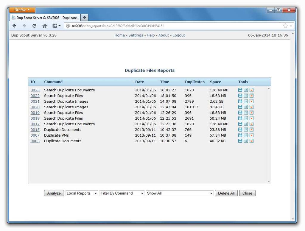 4.18 Duplicate Files Search Reports For each duplicate files search operation, DupScout Server saves an individual duplicate files report.