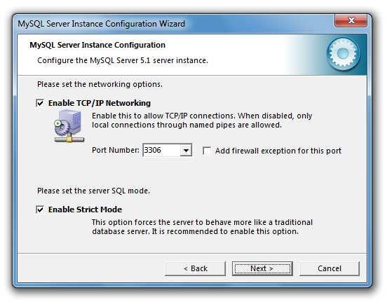 On the next page, enable TCP/IP networking and if the server will be accessed from other computers on the network, add a firewall exception