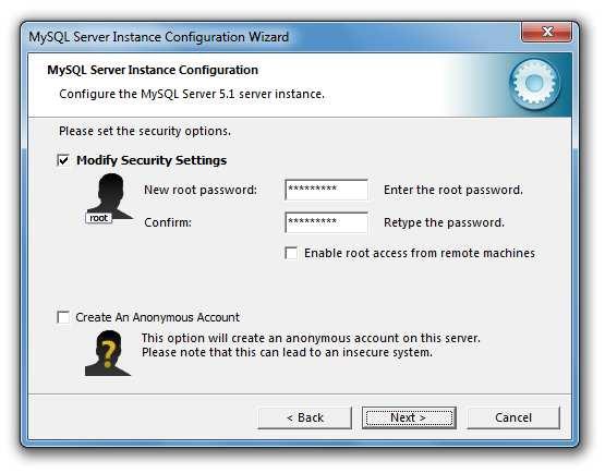 On the next page, select the Modify Security Settings option and specify a root password for the MySQL server,