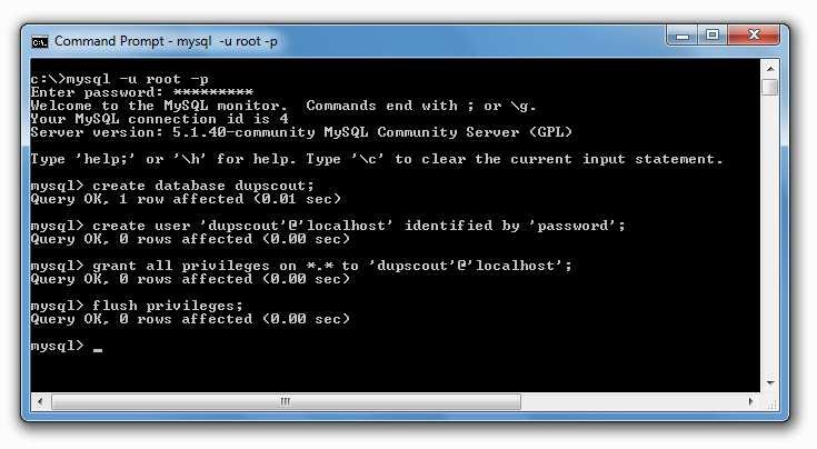 5.2 Configuring MySQL Database The MySQL database provides the mysql command line utility, which may be used to configure the database and the user account to be used by DupScout.