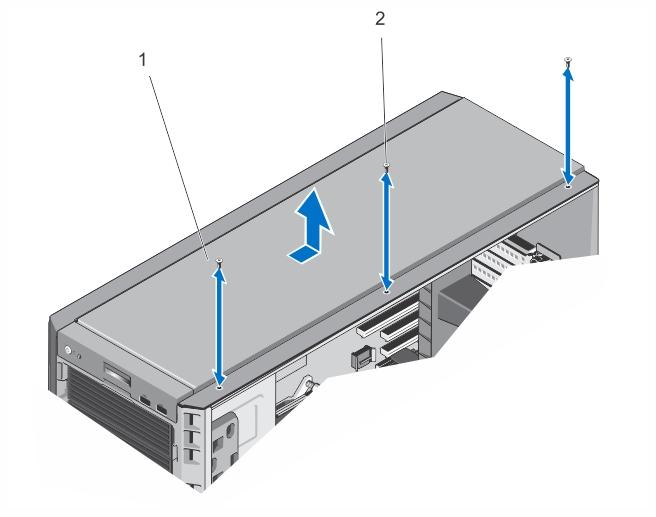 3. If applicable, remove the system feet or wheel assembly. 4. Open the system. 5. Remove the system top cover by following the steps below: a.