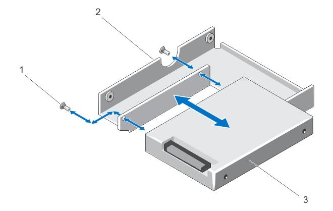 Figure 23. Removing and Installing a 2.5 Inch Hard Drive Into a 3.5 Inch Hard-Drive Adapter 1. screws (2) 2. 3.5 inch hard-drive adapter 3. 2.5 inch hard drive Installing A 2.