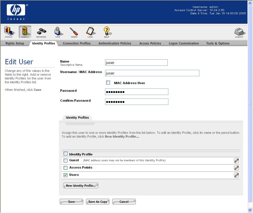Figure 1.3 Edit User Page e. To create a new entry in the Rights Assignment table, browse to Rights and click the New Rights Assignment button.