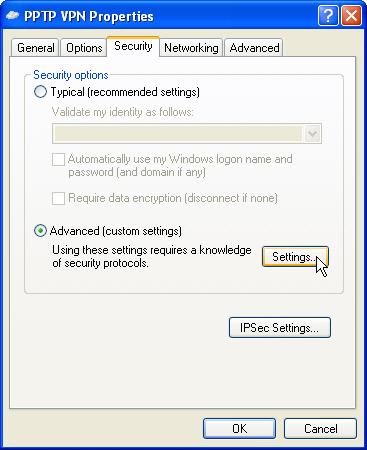 k. On the Security tab, select the Advanced (custom settings) security option radio button and click the Settings button. Figure 4.13 VPN Properties l.