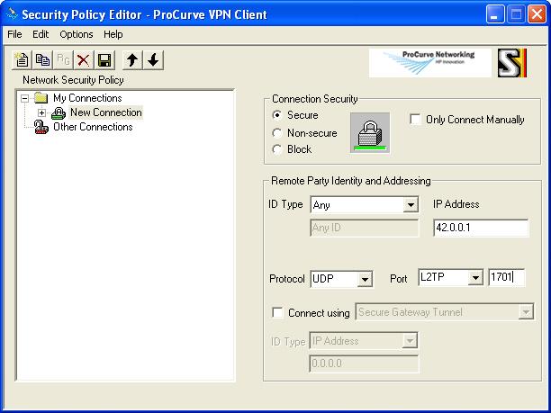 Protocol: UDP Port: L2TP (1701) Figure 5.7 Security Policy Editor e. Expand the New Connection and click My Identity. In the Select Certificate drop-down window, select None.