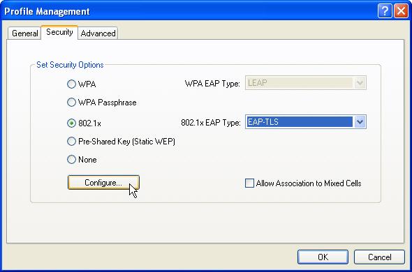 1x and set the 802.1x EAP Type to EAP-TLS. Click the Configure button.