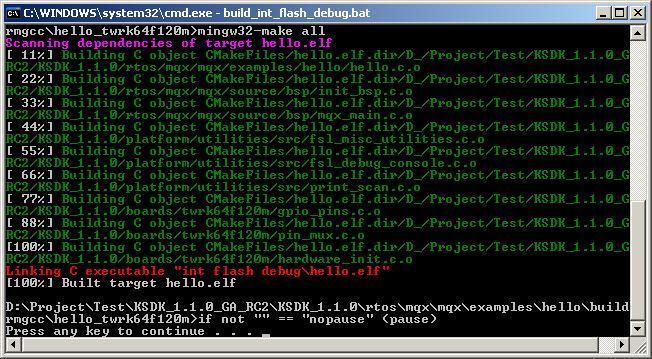 This output message is shown when armgcc finishes building the hello demo application for K64F120M. Figure 4: Build ksdk-mqx demo output message 3.