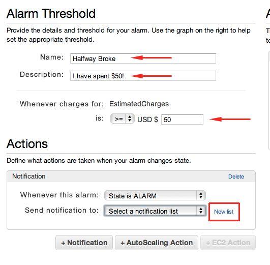 4. Fill out the alarm details and click New List next to Send