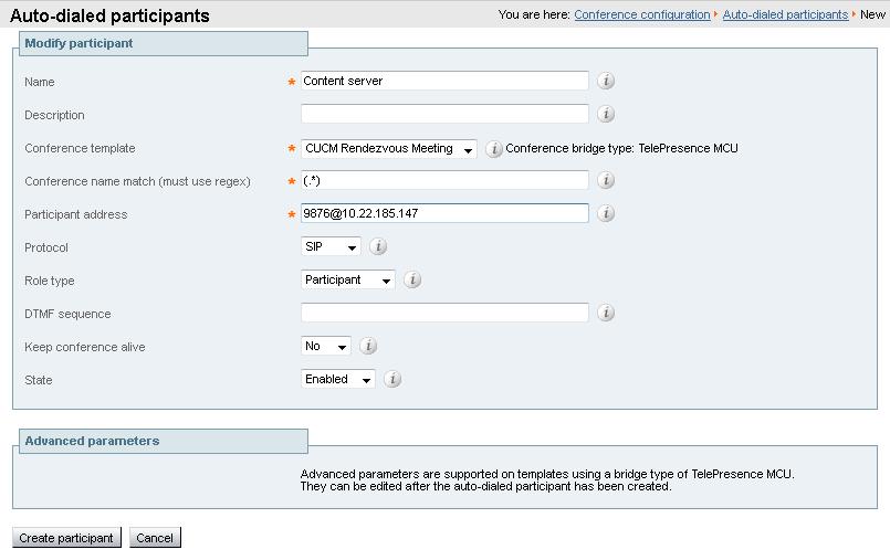 Configuring the TelePresence Conductor 4. Click Create participant.