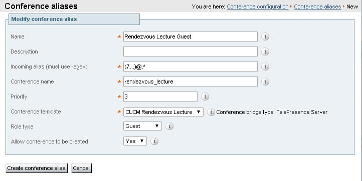 Configuring the TelePresence Conductor 1. Go to Conference configuration > Conference aliases. 2. Click New. 3.