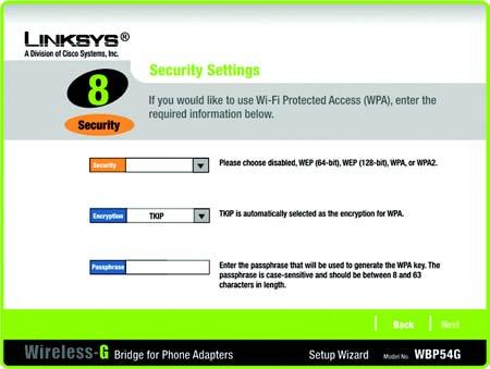 9. Configure the wireless security settings. Select the method your network is using, WPA, WPA2, WEP (128-Bit), or WEP (64-Bit). Then proceed to the appropriate instructions.