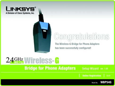 17. The Congratulations screen will appear. Click Exit to exit the Setup Wizard, or click Online Registration to register the Bridge at www.linksys.com/registration.