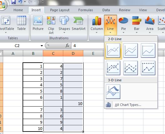 Graphing the data 1. To graph your data highlight the right two columns by: a. Clicking in the top-left cell, b. Pressing and holding the Shift key on your keyboard, and c.