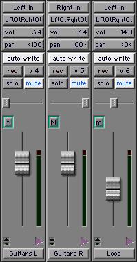 3 Set the Automation Mode for the Big Mute group to Auto Write by clicking the Automation Mode button on any of the tracks in the group (for example, Guitars L ) and selecting Auto Write from the