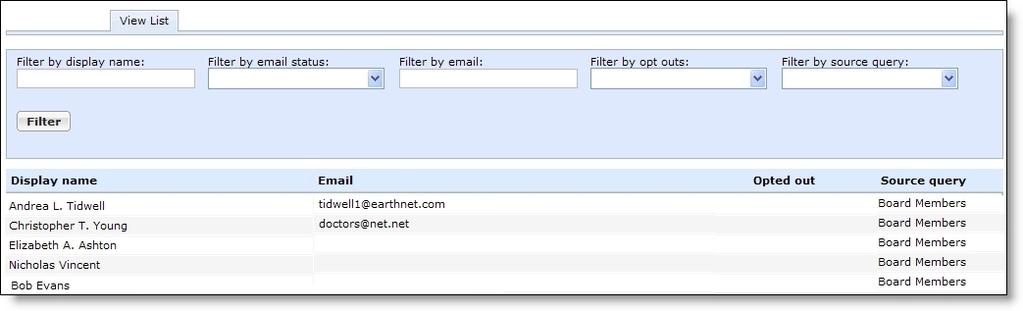 EM AIL 62 On the Targeting & Security tab, view the security rights assigned to each user of the email list. 5. If the email list is based on a query of records, the View List tab appears.