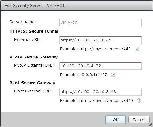 Configuring for Horizon View External Clients Paired Security Server Settings For each Security Server set the IP addresses/dns FQDN's to be the external address of the VIP, e.g.: Note: In this example 10.