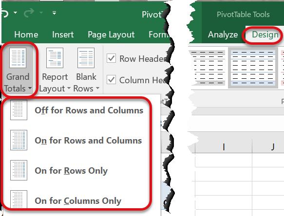 To turn off the subtotal option for a group, or to change the location of the subtotals, navigate to the PivotTable Design tab, click on the