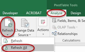 Tip: PivotTable options may be selected by navigating to the PivotTable Tools Analyze tab and then select PivotTable options on the left side of the ribbon.
