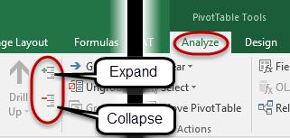 Navigate to the PivotTable Analyze tab, and then click on either the Expand or Collapse icons that are located in the Active Field group, on the left side of the ribbon.