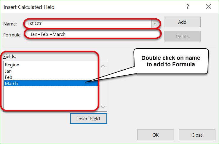 To add a field into the formula, double click on the field name from the list of Fields in the middle of the window.