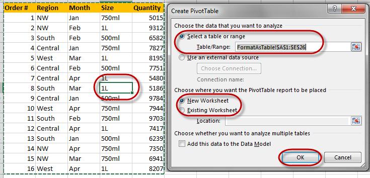 Manual PivotTable To create a manual PivotTable, make sure the cursor is within the table (data) on the worksheet.